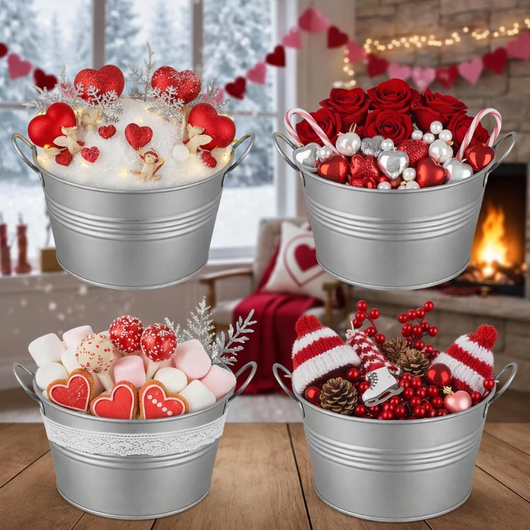 4 Pcs Valentines Galvanized Metal Bucket with Handles, 1 Gallon Rustic Decorative Pails, Beverage Tub, Valentines Bucket, Wash Tub for Centerpieces, Outdoor Flower Pots