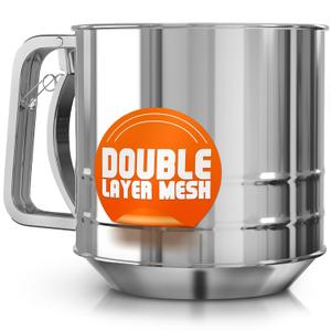 5 Cup Flour Sifter for Baking  Flour Sifter Stainless Steel (5.1" x 5.1") with Double Mesh  One-Hand Operation, Designed for Quick & Easy Sifting