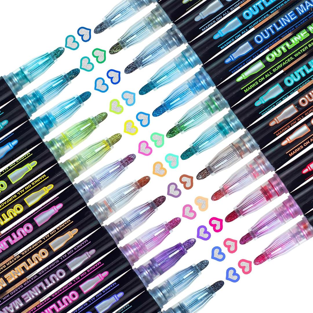 Glitter Markers Outline Pens Metallic: 24 Double Line Outline Markers,Self Outlining Glitter Pens Adult Coloring Gel Sparkle Outliner Shimmer,Teen Gifts Drawing Art Supplies Craft Cool Fun Magic Stuff