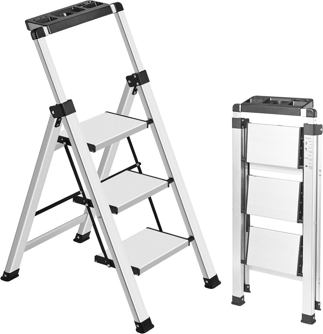 XinSunho 3 Step Ladder, Retractable Handgrip Folding Step Stool Ladders with Anti-Slip Wide Pedal, Aluminum 3 Steps, 330lbs Safety Household Ladder (Silver)