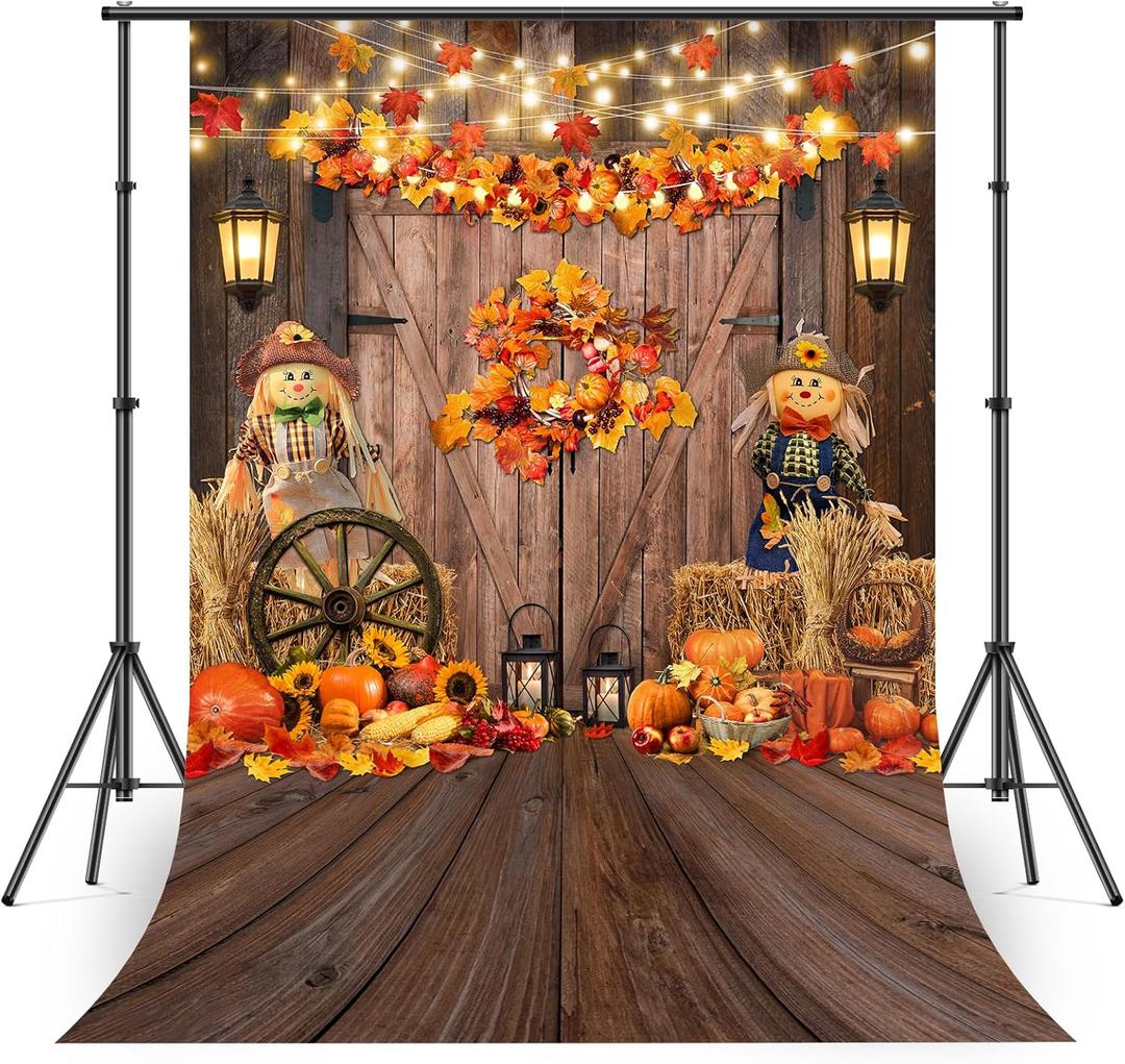 Avezano Fall Thanksgiving Backdrop Maple Leaves Pumpkin Barn Door Photography Backdrop Haystack Scarecrow Fall Baby Shower Party Banner Decorations (5x7 ft, 59x83 inch)
