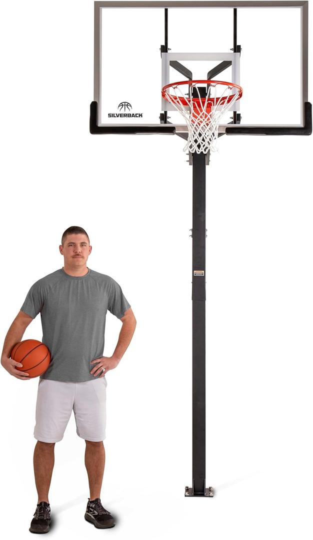 Silverback Height Adjustable In-Ground Basketball Hoop with Tempered Glass Backboard, Pro-Style Breakaway Rim & Backboard Pad (54 inch clear)