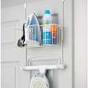 mDesign Steel Metal Over Door Ironing Board Holder with Large Storage Basket for Laundry, Utility, Mudroom, Garage - Holds Iron, Board, Spray Bottles, Starch, Detergent, Fabric Refresher - White