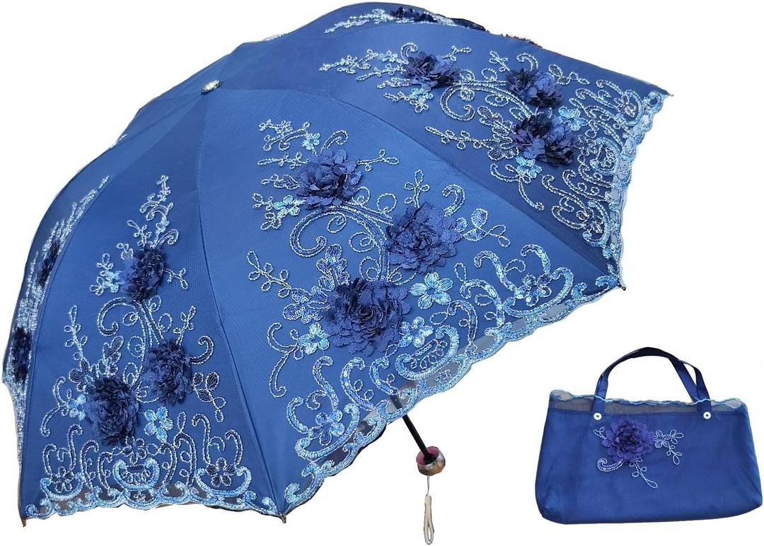 Foldable Lace Parasol Travel Sun Rain Umbrella Compact Anti UV Resistance Princess Sun Umbrella for Women & Girls (3D-Navy blue)