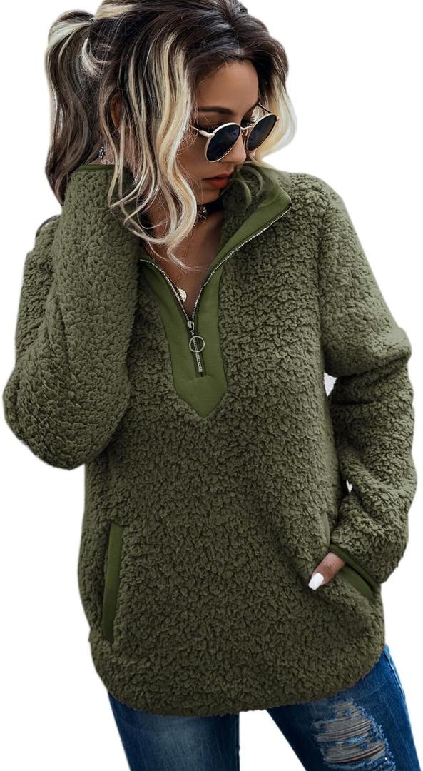 AQOTHES Womens Loose Casual Zipper Sherpa Fleece Pockets Pullover Sweatshirt for Women (Medium, Army Green)