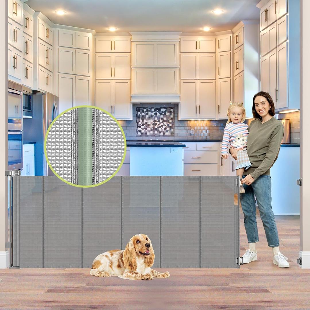 Reinforced 80 Inch Extra Wide Retractable Dog Gate to Prevent Crawling Through, Super Wide XL Retractable Baby Gates for Dog Indoor, Long Baby Gates Indoor Extra Long, Outdoor Mesh Pet Gate,  Gray, 33" Tall x 80" Wide（ With Reinforced Bar ）