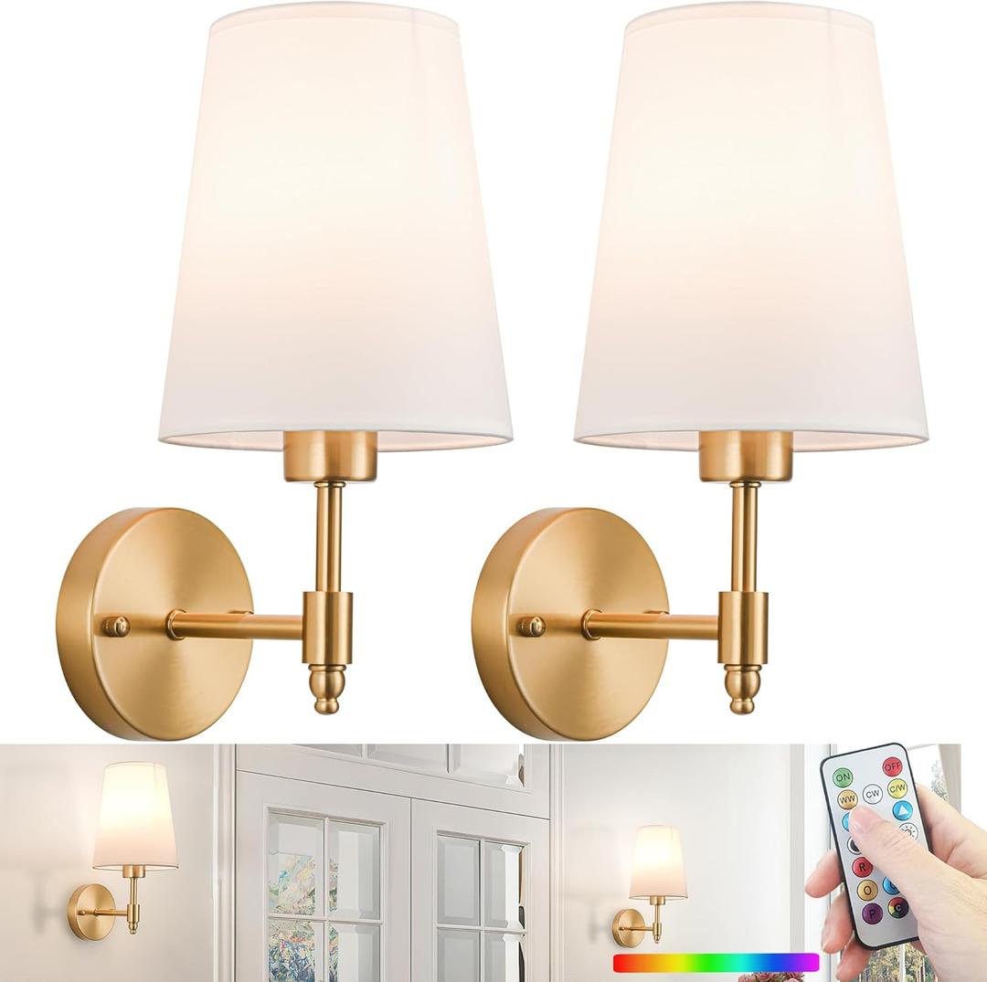 Battery Operated Wall Sconce: Gold Wireless Wall Lights with Magnetic LED Battery Bulb, Easy to Eject Charge, Renter Friendly Wall Lamp for Bedroom Living Room Wall Decor (Brass)