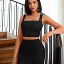 LAGSHIAN Women's Square Neck Sleeveless Tank Top Stretch Mini Skirt Summer Sexy 2 Piece Club Dress (Black)