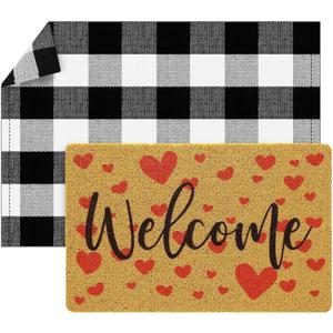 Fabbay 2 Pcs Valentines Day Doormat Welcome Heart Door Mat Black and White Checkered Mat Buffalo Plaid Rug with Rubber Non Slip Backing Rug for Home Kitchen Entrance Front Door Outdoor