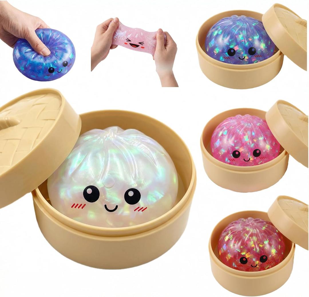 Glitter Dumpling Squishy Toy Dumpling Stress Ball with Steamer Case, Stress Relief Fidget Toy for Adults, Cute Squeeze Desk Toy Portable Toy Gift Idea (White)