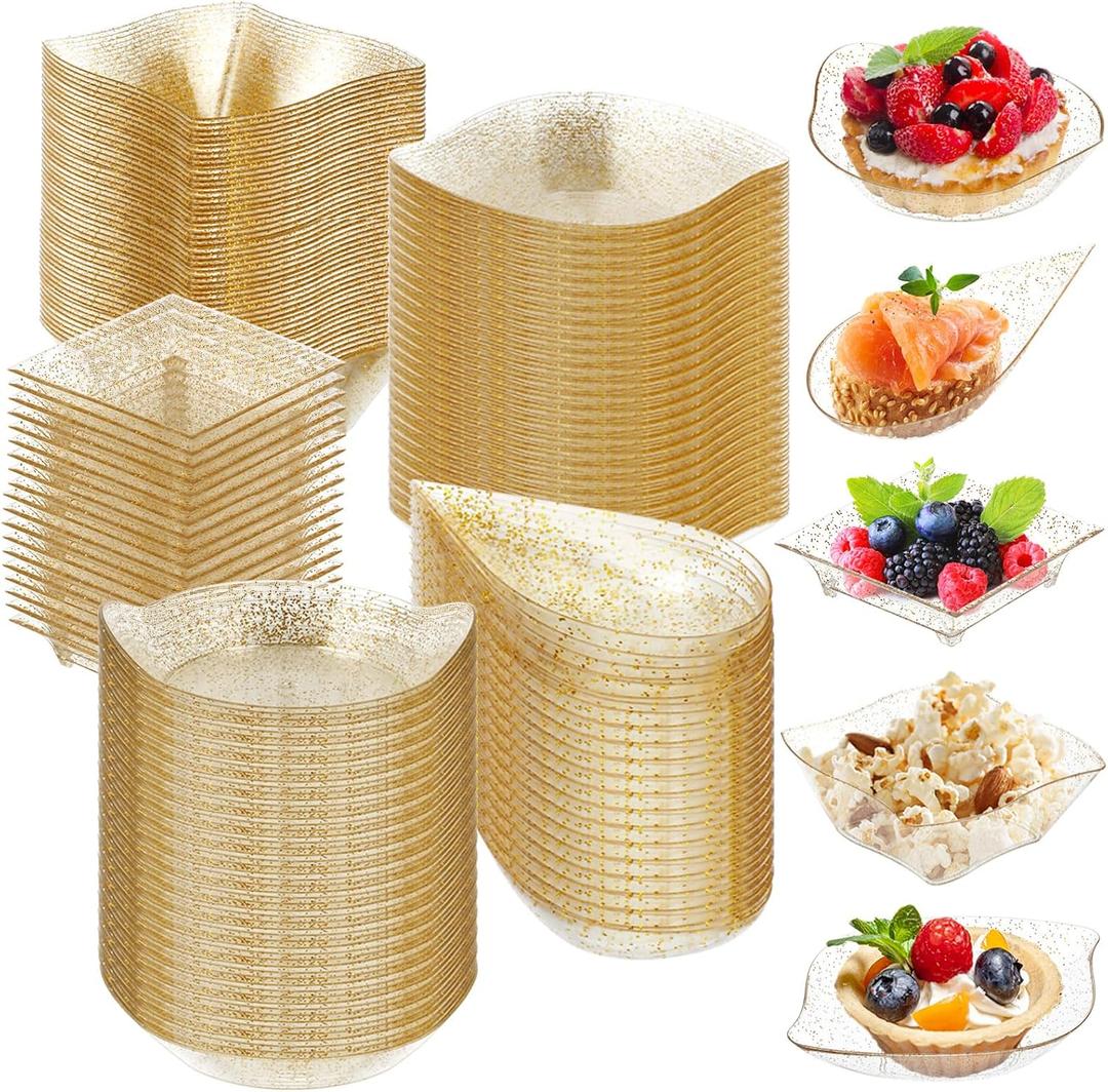 Tessco for you 100 Pcs Mini Appetizer Plates Set, Disposable Dessert Plates Assorted Shape Mini Plastic Spoons for Wedding Party Birthday (Gold)