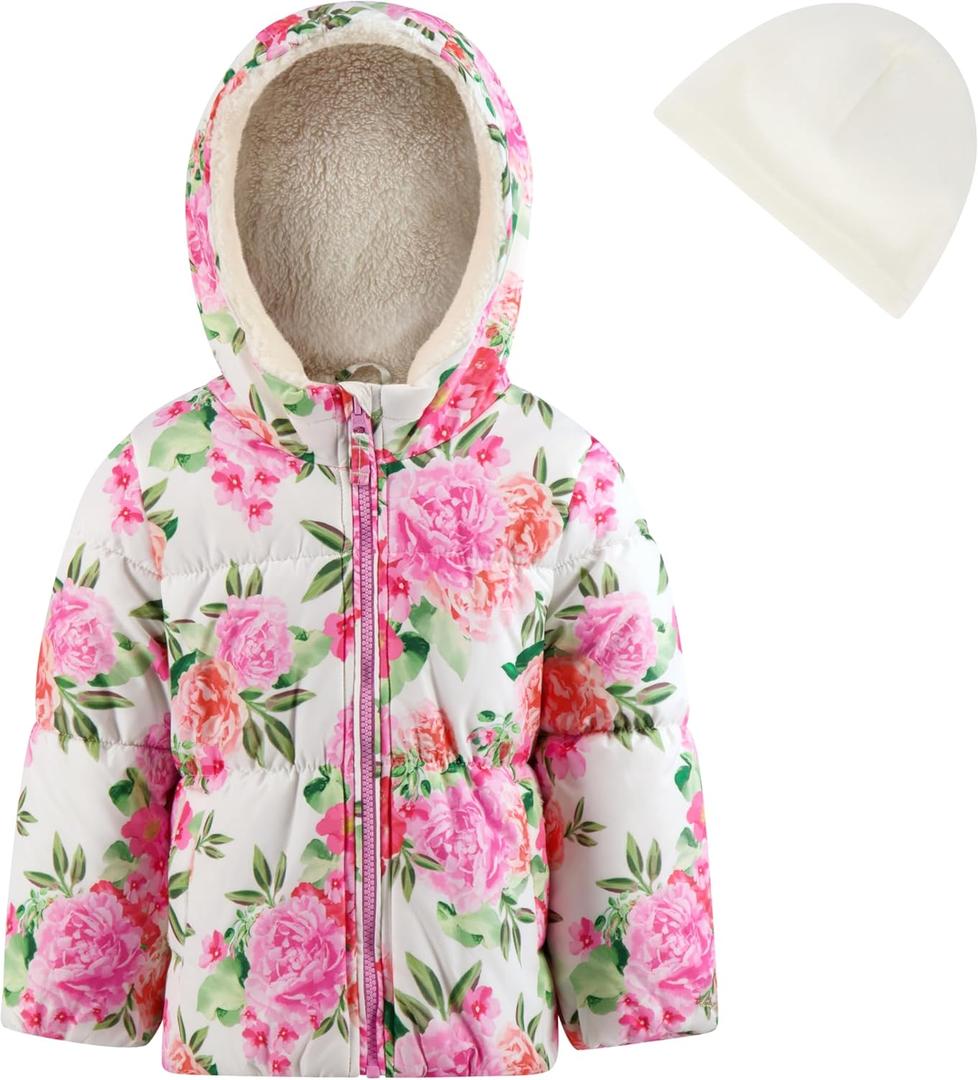 LONDON FOG Girls' Heavyweight Puffer Jacket With Beanie and Soft Fleece Lining (3T, Floral)