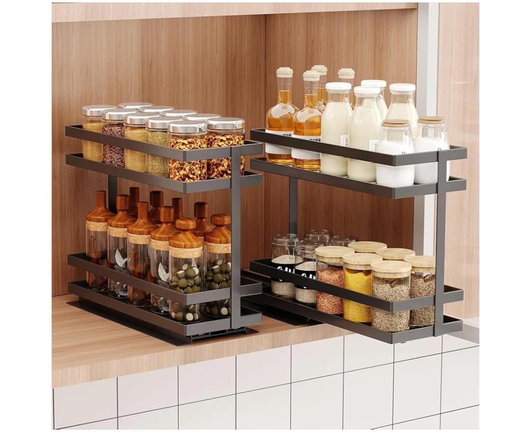 2 Pack Pull Out Spice Rack Organizer for Cabinet, 2 Tier Metal Slide Out Seasoning Organizer and Storage Heavy Duty Vertical Spice Rack Shelf Pullout for Kitchen Cabinets No Drilling (Black)