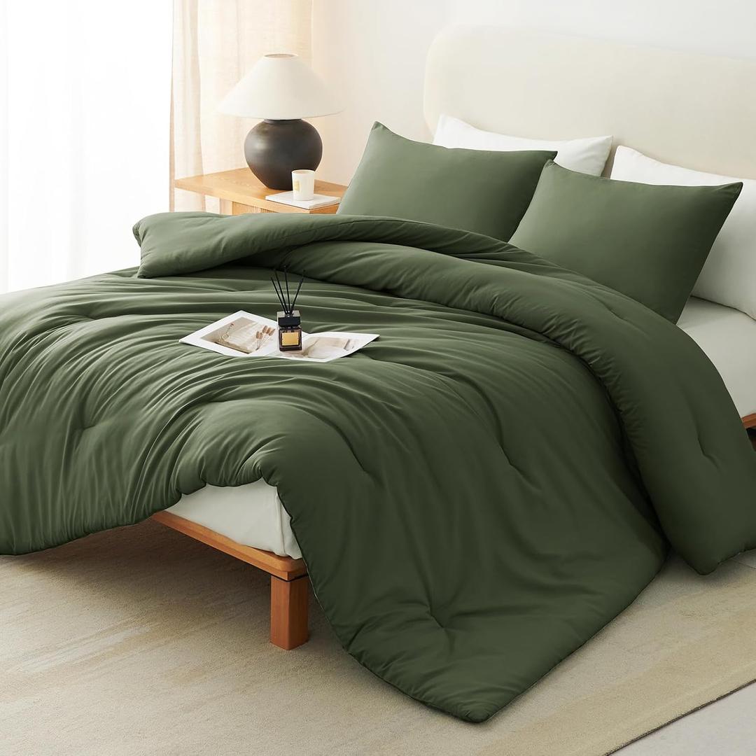 CozyLux Queen Comforter Set Olive Green, 3 Pieces Solid Comforters Queen Size Breathable Bedding Sets, Luxury Soft Lightweight Bed Set with Down Alternative Comforter and 2 Pillowcases All Seasons