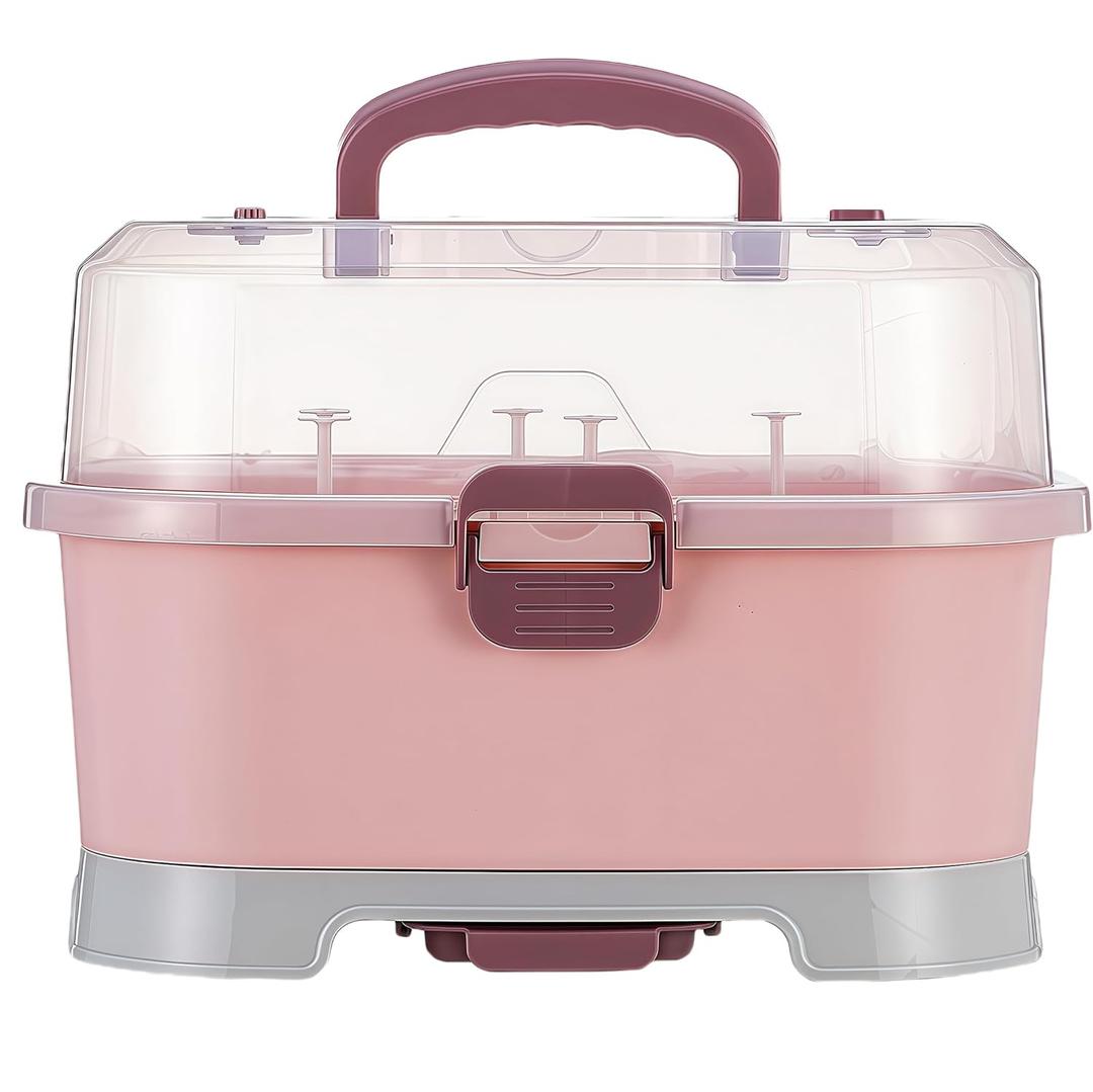 Baby Bottle Drying Rack Storage, Large Nursing Bottle Storage Box Organizer with Cover, Portable Kitchen Cabinet Organizer, Easy to Clean Drainer, Durable countertop Dryer Pink