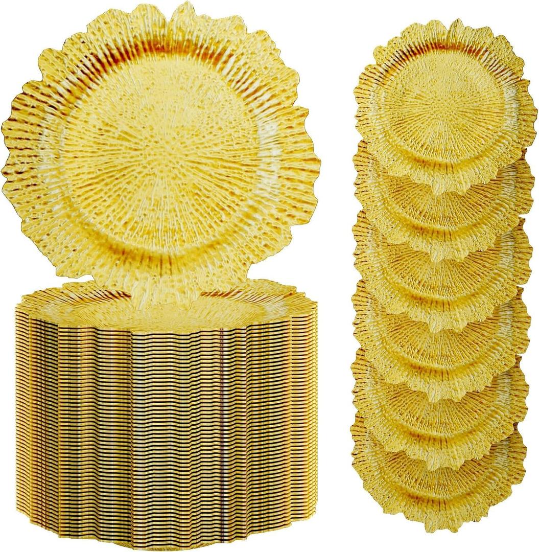 50 Pcs Gold Charger Plates, 13'' Gold Plastic Reusable Dinner Charger Plates, Round Vintage Table Decoration for Wedding, Party & Holiday 50 Pcs Gold Charger Plates, 13'' Gold Plastic Reusable Dinner Charger Plates, Round Vintage Table Decoration for Wedding, Party & Holiday