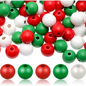 Hicarer 180 Pcs 16mm Colorful Wooden Big Bead Round Wood Beads with Large Hole Loose Spacer for Holiday Decoration DIY Crafts Jewelry Making(Green, Red, White)