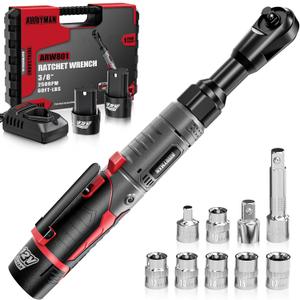 Alloyman 3/8" Cordless Ratchet Wrench Set, 60FT-LBS(80N.m) Electric Ratchet, 12V Extended Power Socket Wrench Set with Variable Speed, 6 Sockets, LED Light, 1/4" Adapter, 1/2" Adapter, 2 Batteries