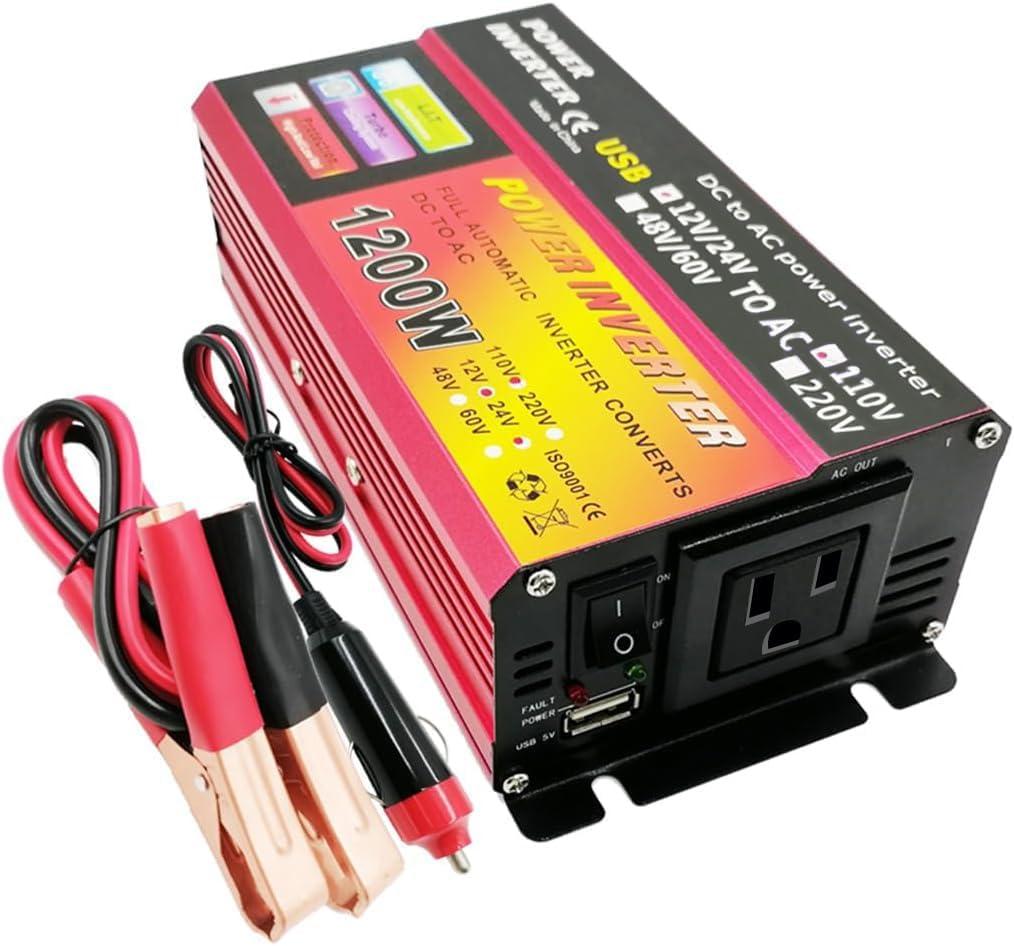 600W/1200W(Peak) Power Inverter DC 12V/24V to 110V AC Converter with 1 USB Ports and 1 AC Outlet for Road Trip, Camping, RV, Truck, Car, Pickup Truck