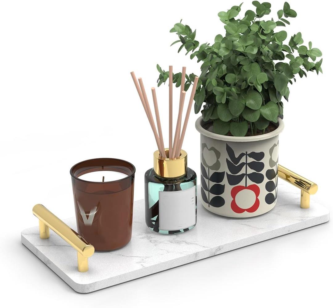 Guest Towel Holder Tray for Bathroom,Marble Slab with Handles -Napkin Holder for Kitchen - Bathroom Tray (Gold,Small) (10.6" x 4.7" x 2")