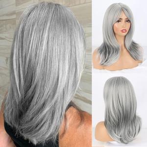 Matthia Layered Grey Wigs for White Women Synthetic Wig with Bangs Highlight Salt and Pepper Wavy Wig, 16 Inch