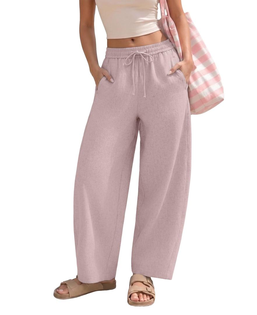 Susclude Womens Wide Leg Lounge Pants Linen Blend Barrel Baggy Comfy Elastic Waist Casual Pant Lightweight Loose Trendy Trousers Pink
