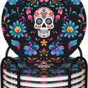 6 Pcs Ceramic Coasters with Holder Absorbent Drink Round Mexican Sugar Skulls Flowers Design for Home Table Coffee Cup Beer Bar,Size 4.4 inches
