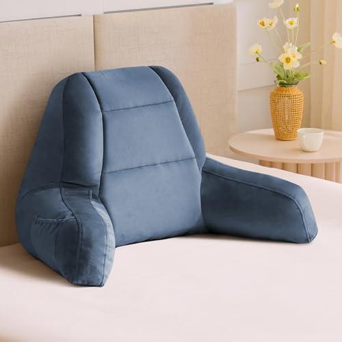 IASEAHK Reading Pillows for Sitting in Bed Adult, Back Pillow for Bed Sitting Up, Backrest Pillows with Shredded Foam for Adult&Teens, Support Pillow with Arms for Beds, Couch, Floor, 18in, Navy Blue
