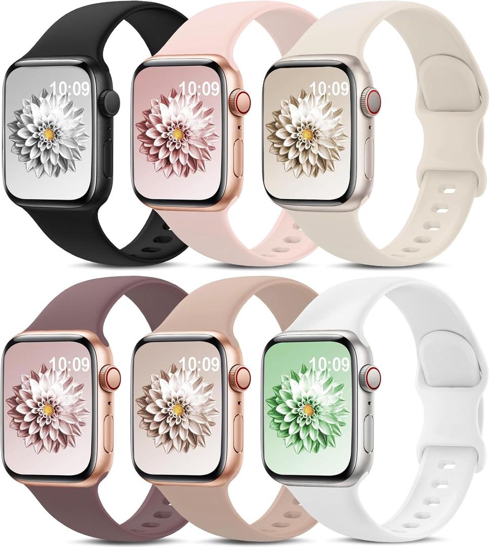 6 Pack Sport Bands Compatible with Apple Watch Band 38mm 40mm 41mm 42mm 44mm 45mm 49mm 46mm,Silicone Waterproof Strap for iWatch Apple Watch Series 11 10 9 Ultra 8 7 6 5 4 3 2 1 SE Women Men (Starlight/Pink Sand/Milk Tea/White/Smoke Violet/Black)