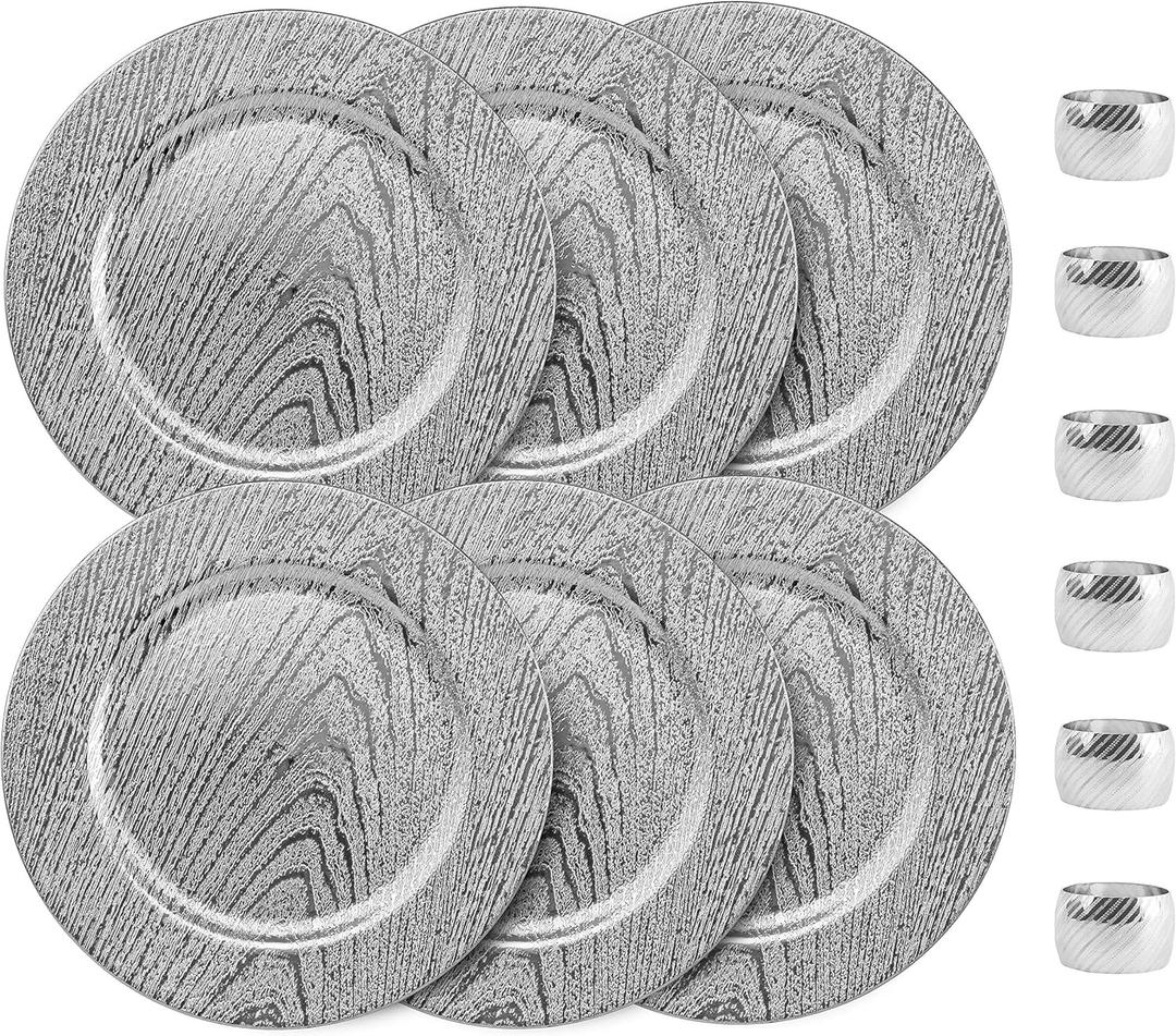 13 Inch Round Elegant Serve ware Charger Plates with Matching Napkin Rings, Wedding, Dinner party, Event - Choose from our Variety of Styles and Quantities (6)