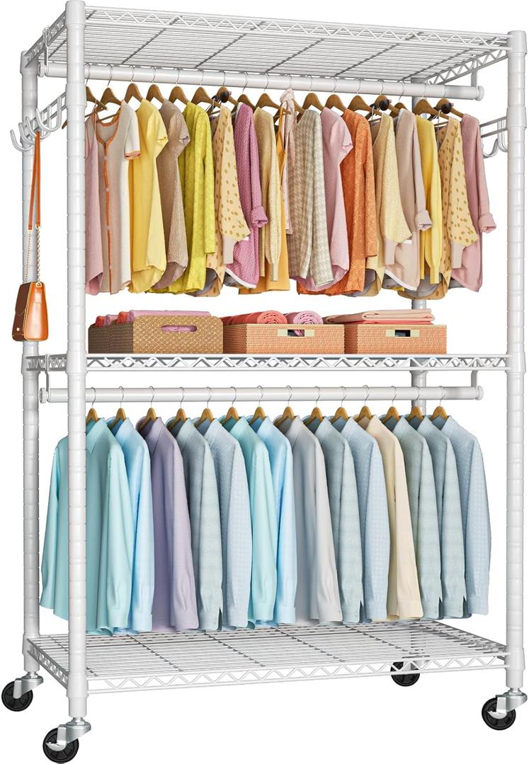 FUTASSI P1 Plus Rolling Clothes Rack, 22mm Diameter Heavy Duty Garment Rack with Wheels, Portable Closet Wardrobe with Double Rods, 45" W x 17.7" D x 80.5" H, Max Load 524 LBS, White