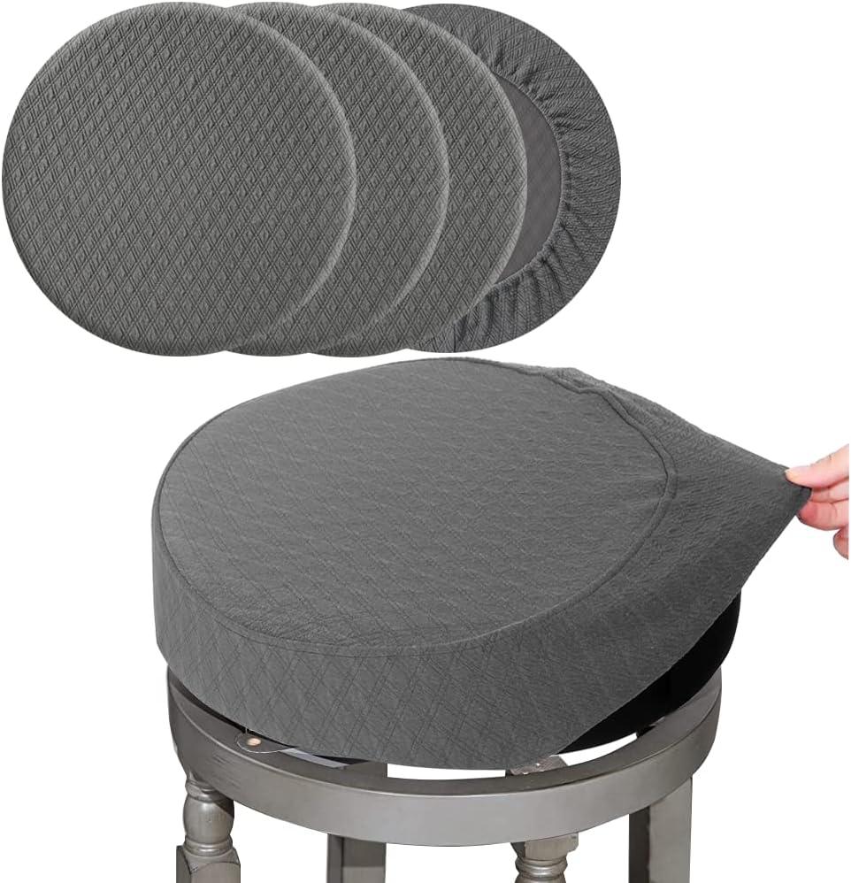 BUYUE 4 Pcs Bar Stool Covers, Luxury Fabric Dia.16-18" Round Stretchy Crease-Resistant Washable Jacquard Dustproof Stool Seat Slipcover, L-Dark Grey-Set of 4
