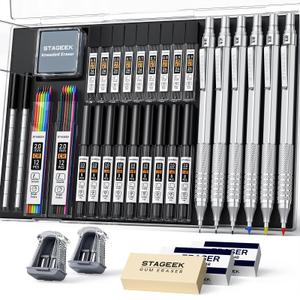 35Pcs Art Mechanical Pencil Set with Case, 0.5 0.7 0.9 2.0 Graphite Metal Drawing Drafting Pencils, Sharpener Erasers 384PCS Lead Refills (6B 4B 2B HB 2H 4H Colors)Pencils for Writing Sketching,Silver