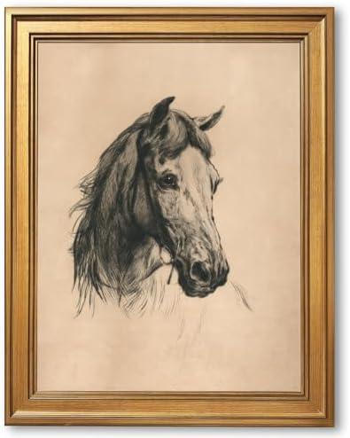 Gold Frame Vintage Horse Head Wall Art Rustic Framed Equestrian Poster Western Farmhouse Animal Sketch Drawing Canvas Painting Print for Ranch Cabin Country Cottage Decor Horse Lover Gift 12x16inch