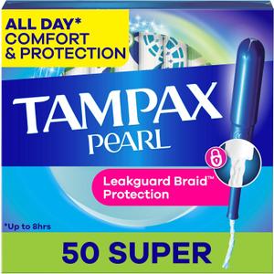 Tampax Pearl Tampons for Women, with LeakGuard Braid, Super Absorbency, Unscented, 50 Count
