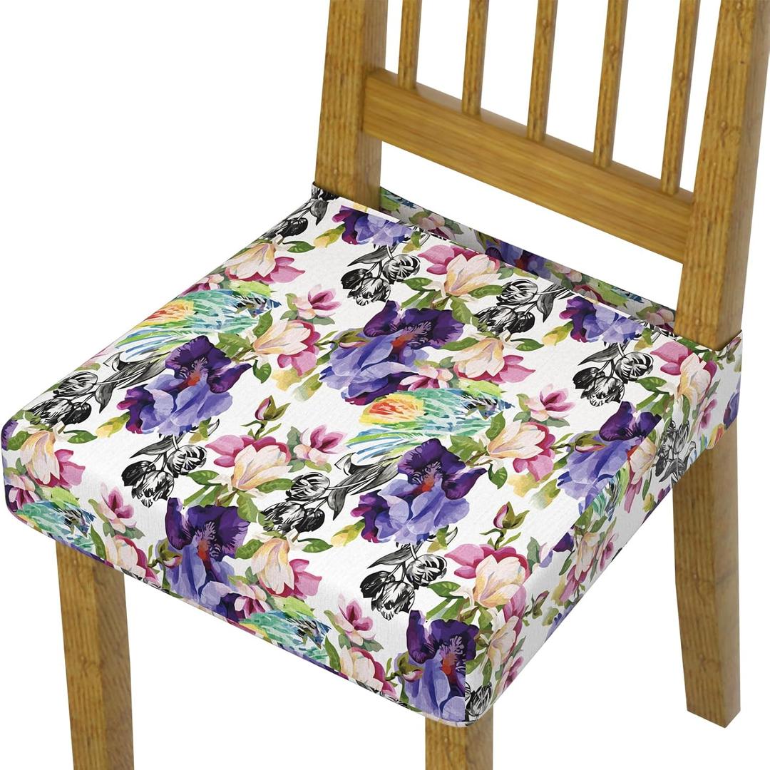 Waterproof Chair Seat Covers Dining Room Set of 4,Soft Printed Patterned Stretch Non Slip Removable Washable Dining Seat Cover Protector Cover for Home Hotel Banquet Party Purple Pink Colorful Floral