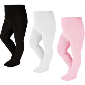 EPEIUS Baby Tights Toddler & Little Girls Cable Knit Tights Solid Cotton Stockings Seamless Footed Leggings Pantyhose Baby Clothes Dress Tights 6-8 Years, 3 Pack, Black/ White/ Pink