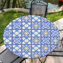 Round Tablecloth with Elastic Edge, 36-60Inch Waterproof Table Cloth for Dinner, Outdoor, Picnic, 48inch, Mandala and Checker