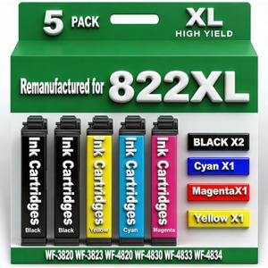 for 822XL Remanufactured for Epson 822XL Ink cartridges Combo Pack for 822 T822 XL for Workforce Pro WF-3820 WF-3823 WF-4820 WF-4830 WF-4833 WF-4834 5 Pack 2 Black 1 Cyan 1 Magenta 1 Yellow