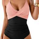 B2prity Women's One Piece Swimsuits Tummy Control Front Cross Bathing Suits Tie Back Slimming V Neck Swimwear (Pink Black Color Block)