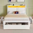 Seventable Twin Size Bed Frame with 3 Storage Drawers & Charging Station, Upholstered Platform Bed with Storage Headboard and LED Light, No Box Spring Needed, Noise Free, Easy Assembly, Cream White