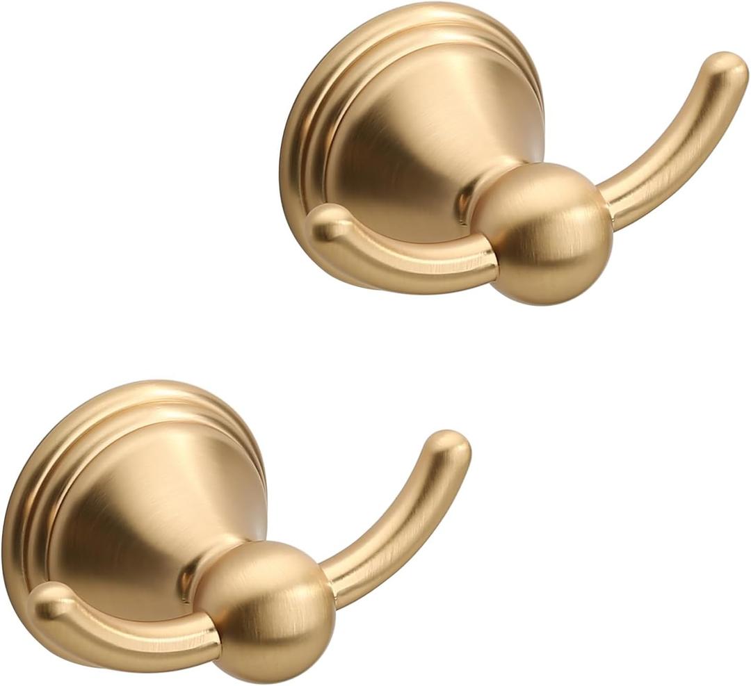 Asidrama Towel Hooks for Bathroom,Brushed Brass Coat Hooks for Kitchen Shower Door Wall Mounted,Exquisite Robe & Towel Hooks,Durable Robe Wall Hooks for Hanging Towels (2 Pack)