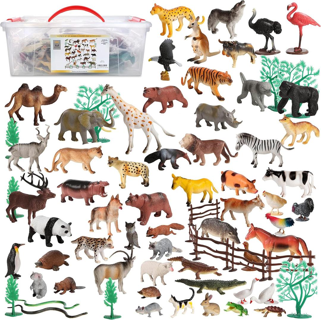 100Piece Set of Animals Figures & Accessories in Storage Container, Medium, Small