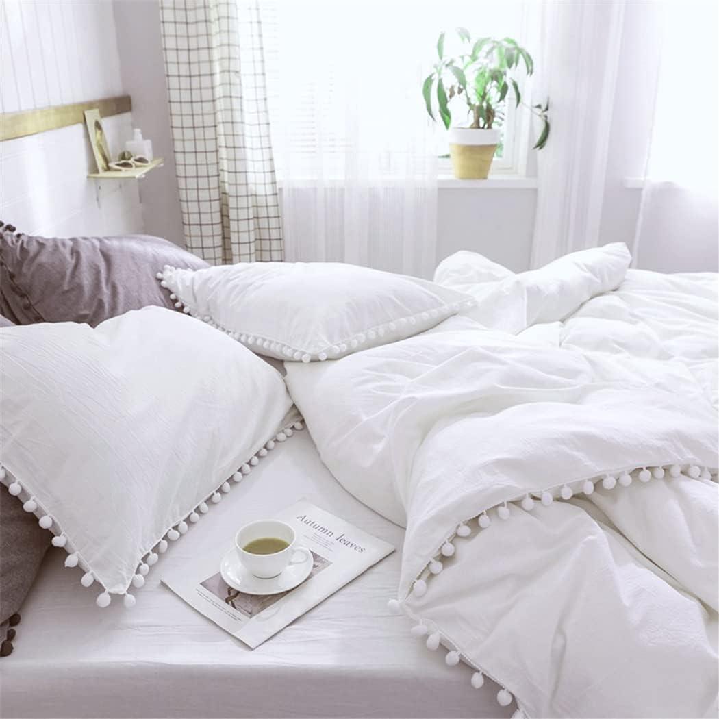 IHOUSTRIY Duvet Cover Full Size,100% Washed Microfiber 3pcs Bedding Duvet Cover Set, Pom Poms Fringe Solid Color Soft and Breathable with Zipper Closure & Corner Ties (Full, White)