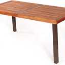 Patio Dining Table with Umbrella Hole, Outdoor Picnic Table for Backyard, Garden, Lawn, Farmhouse, Acacia Wood Rectangular Table with Metal Legs, Rustic Brown