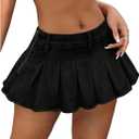 Women's Y2K Low Waist Pleated Denim Skirt Zipper Raw Hem Mini Skirt Casual Ruffle Jean Skirt (Large, Black)