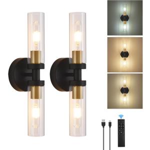 Battery Operated Wall Sconces Set of 2, 330 Rotation 3000K-6000K Dimmable Wireless Wall Sconce with Clear Glass Black Gold 10400mAh USB Rechargeable Wall Lights with Remote Bulbs Included 2 Pack