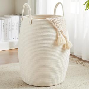 Fiona's magic Cotton Rope Laundry Hamper Basket, 65L Woven Large Laundry Basket, Tall Dirty Clothes Hamper for Storage Blankets, Toys in Bedroom, Living Room OrganizingCollapsibleBeige