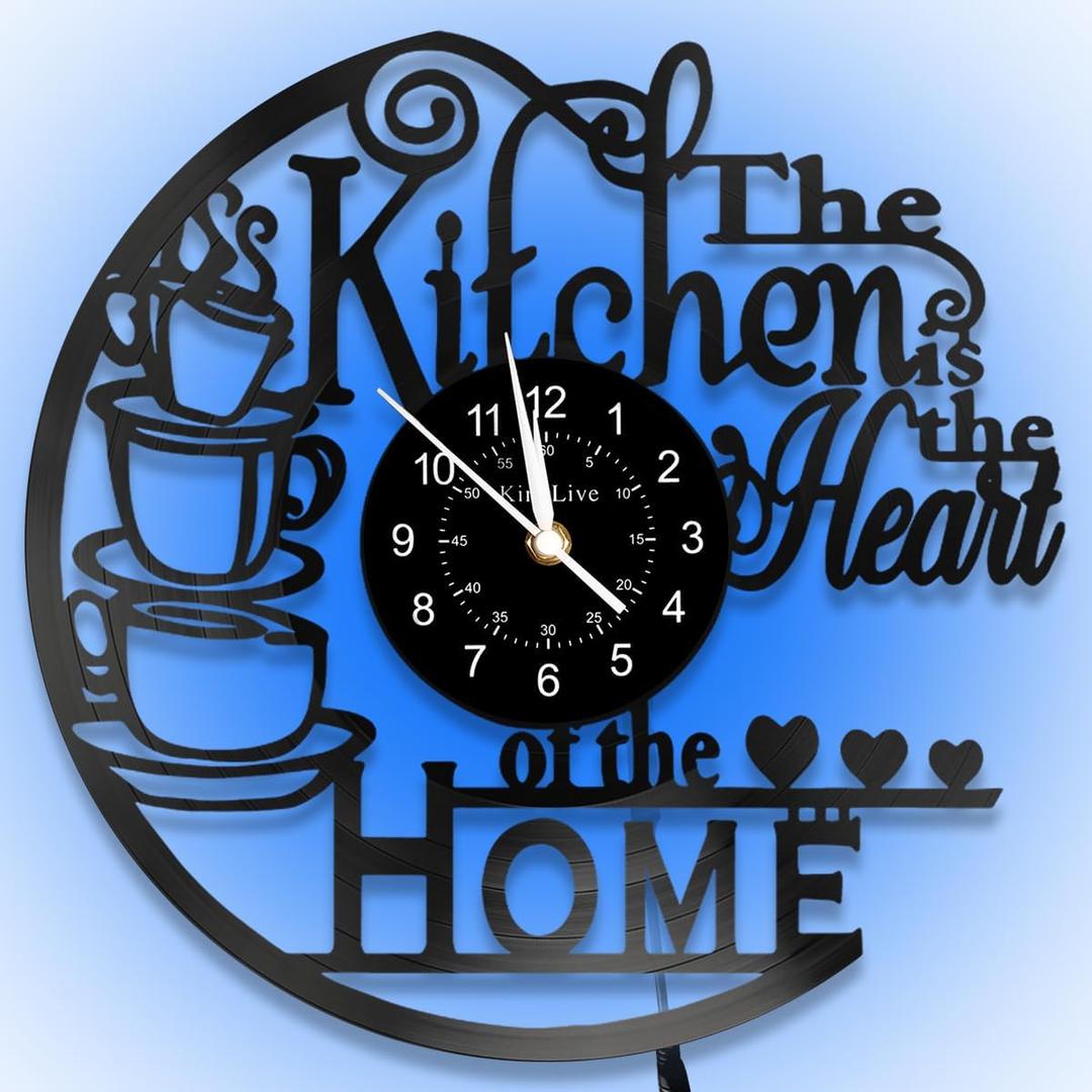 KingLive 12 Inch Kitchen Clocks Vinyl Record Clock, Creative Kitchen Home Decor, Coffee Wall Decor Theme for Restaurant Café, Gift for Women Wives(Black Coffee Cup)