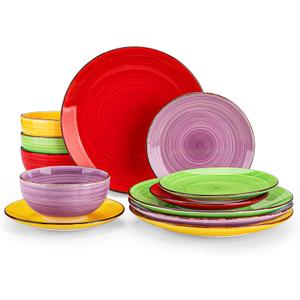 vancasso Bonita Dinnerware Set Muticolor Stoneware 12 Pieces Service for 4, Handpainted Spirals Pattern Stoneware Plates and Bowls Set